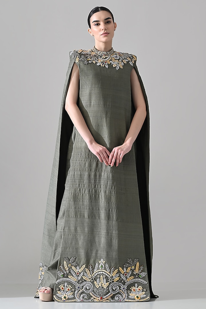 Grey Raw Silk Floral Hand Embroidered Cape Party Wear Dress by Samant Chauhan at Pernia's Pop Up Shop