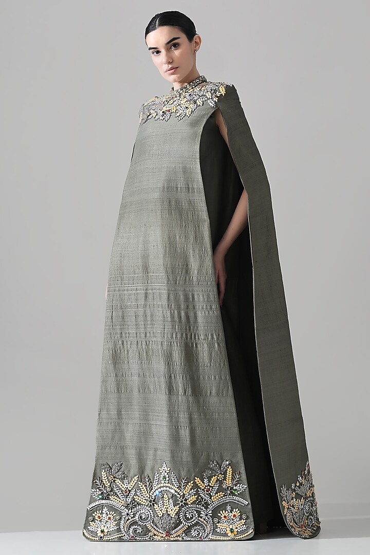 Grey Raw Silk Floral Hand Embroidered Cape Party Wear Dress by Samant Chauhan at Pernia's Pop Up Shop