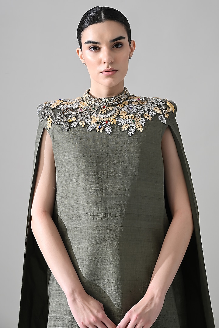 Grey Raw Silk Floral Hand Embroidered Cape Party Wear Dress by Samant Chauhan at Pernia's Pop Up Shop