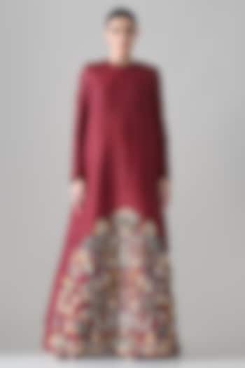 Maroon Raw Silk Hand Embroidered A-Line Party Wear Dress by Samant Chauhan at Pernia's Pop Up Shop