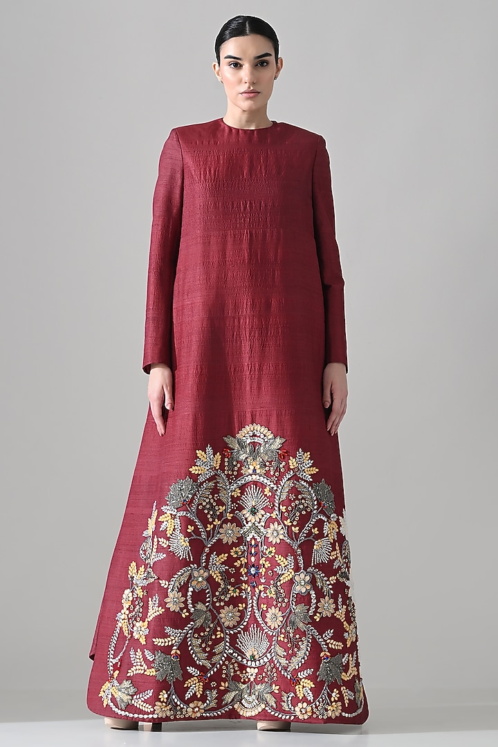 Maroon Raw Silk Hand Embroidered A-Line Party Wear Dress by Samant Chauhan at Pernia's Pop Up Shop