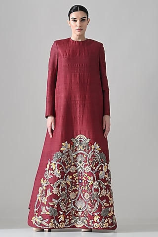 Maroon Raw Silk Hand Embroidered A-Line Dress by Samant Chauhan