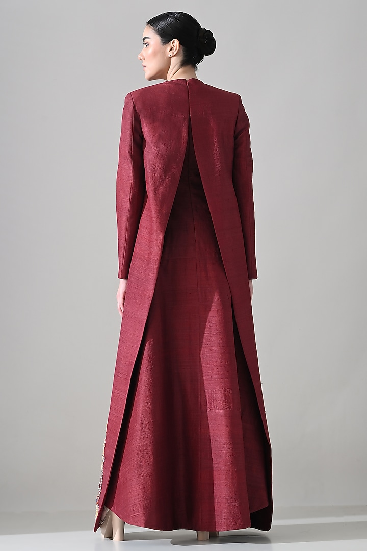 Maroon Raw Silk Hand Embroidered A-Line Party Wear Dress by Samant Chauhan at Pernia's Pop Up Shop