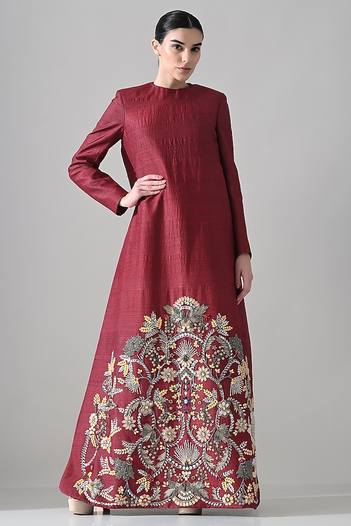 Maroon Raw Silk Hand Embroidered A-Line Party Wear Dress by Samant Chauhan at Pernia's Pop Up Shop