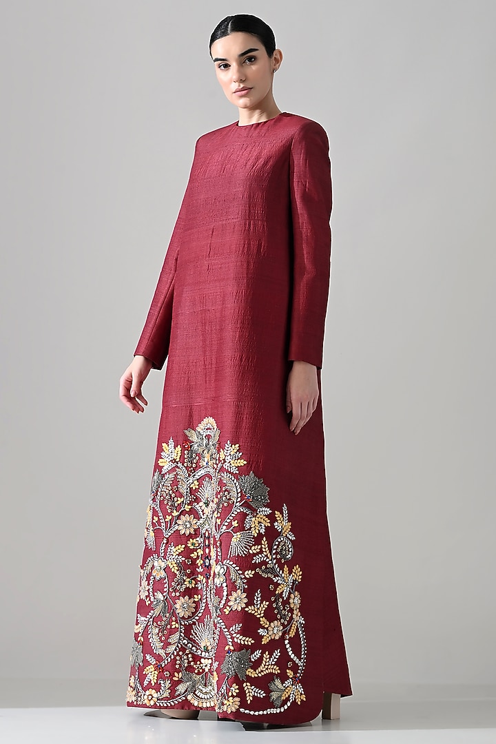 Maroon Raw Silk Hand Embroidered A-Line Party Wear Dress by Samant Chauhan at Pernia's Pop Up Shop