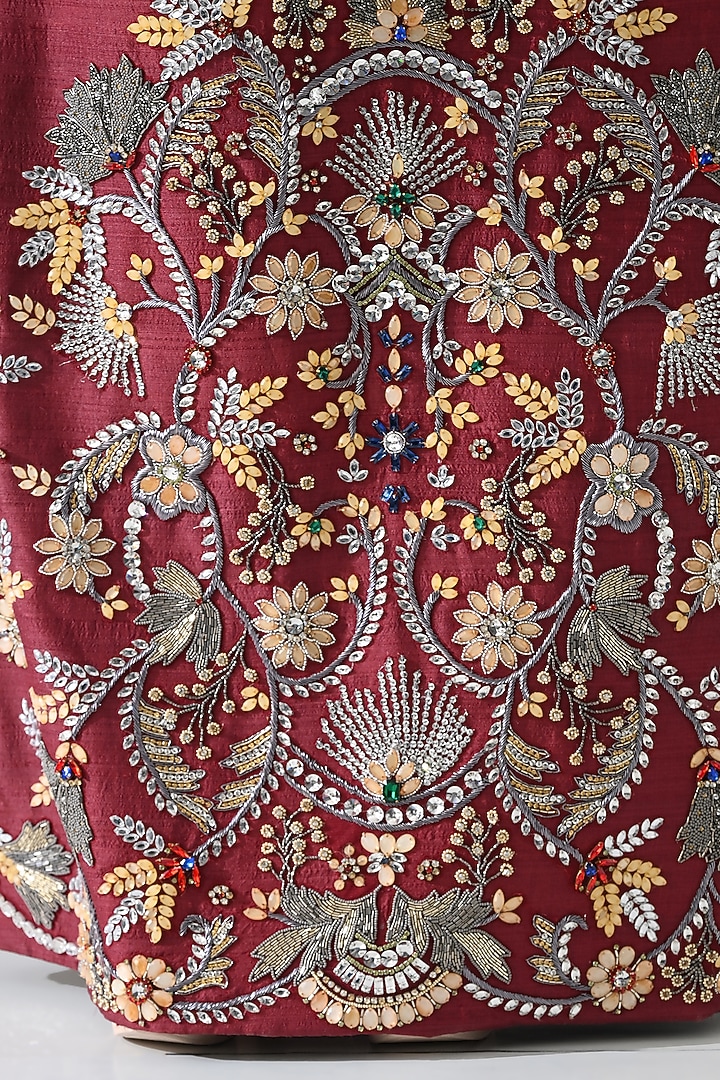 Maroon Raw Silk Hand Embroidered A-Line Party Wear Dress by Samant Chauhan at Pernia's Pop Up Shop