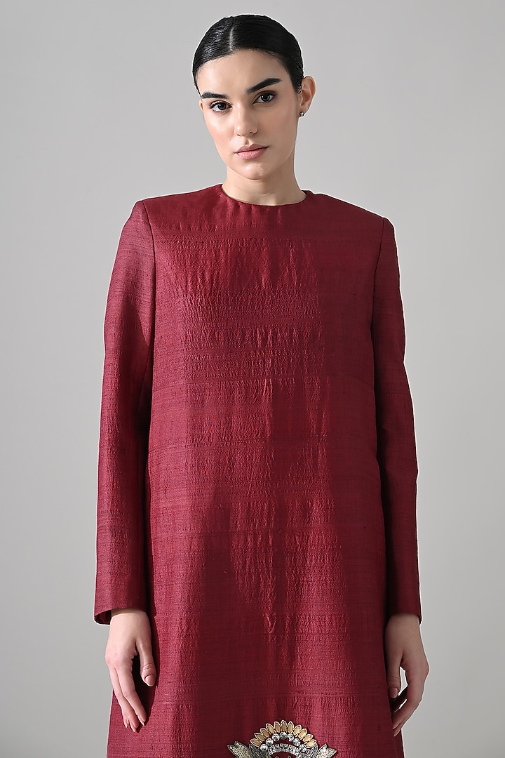 Maroon Raw Silk Hand Embroidered A-Line Party Wear Dress by Samant Chauhan at Pernia's Pop Up Shop