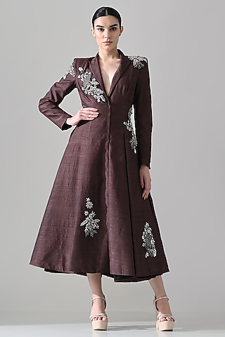Brown Dupion Silk Floral Hand Embroidered Coat Dress by Samant Chauhan