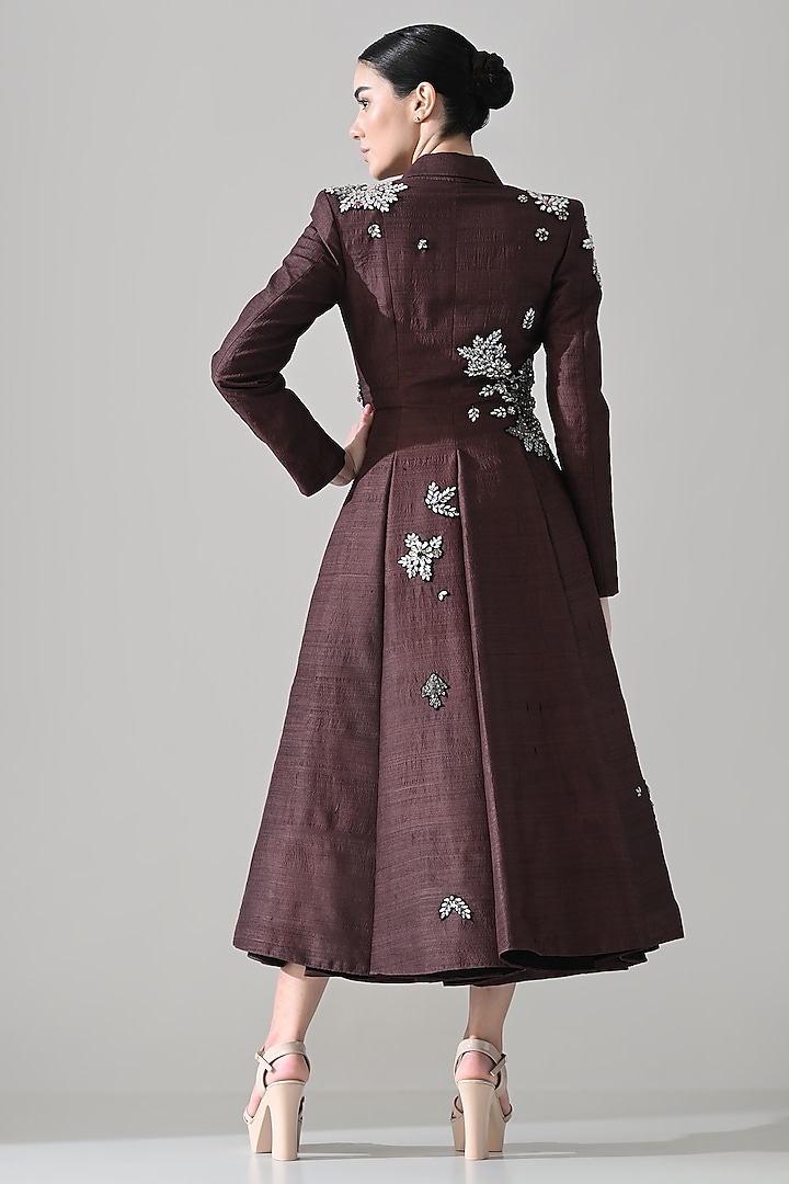 Brown Dupion Silk Floral Hand Embroidered Coat Party Wear Dress by Samant Chauhan at Pernia's Pop Up Shop