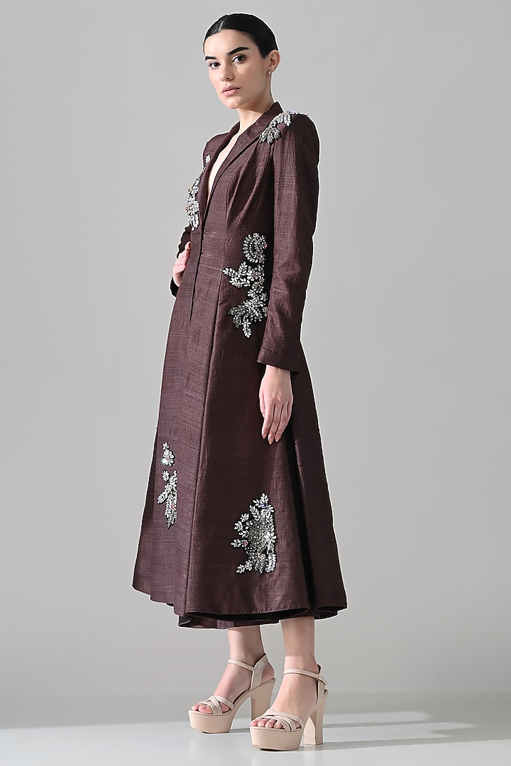 Brown Dupion Silk Floral Hand Embroidered Coat Party Wear Dress by Samant Chauhan at Pernia's Pop Up Shop