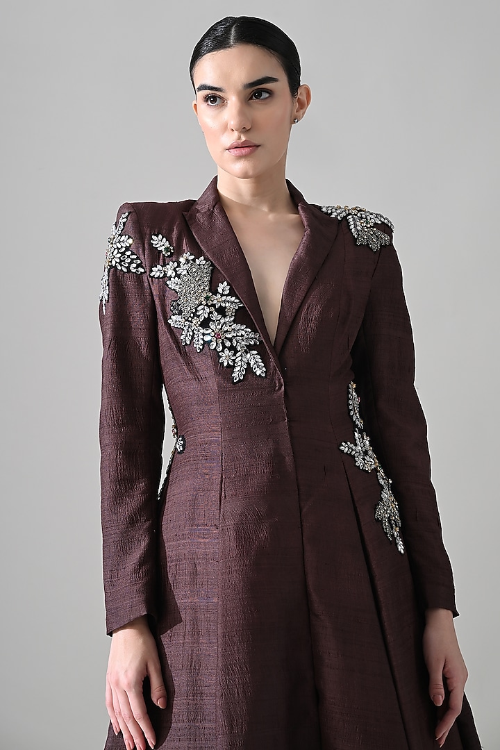 Brown Dupion Silk Floral Hand Embroidered Coat Party Wear Dress by Samant Chauhan at Pernia's Pop Up Shop