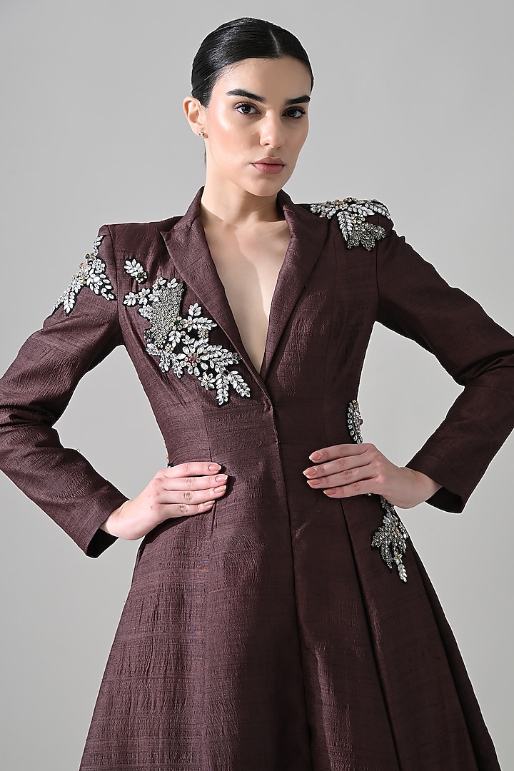 Brown Dupion Silk Floral Hand Embroidered Coat Party Wear Dress by Samant Chauhan at Pernia's Pop Up Shop