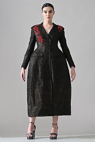 Midnight Black Tussar Silk Hand Embroidered Structured Coat Dress by Samant Chauhan