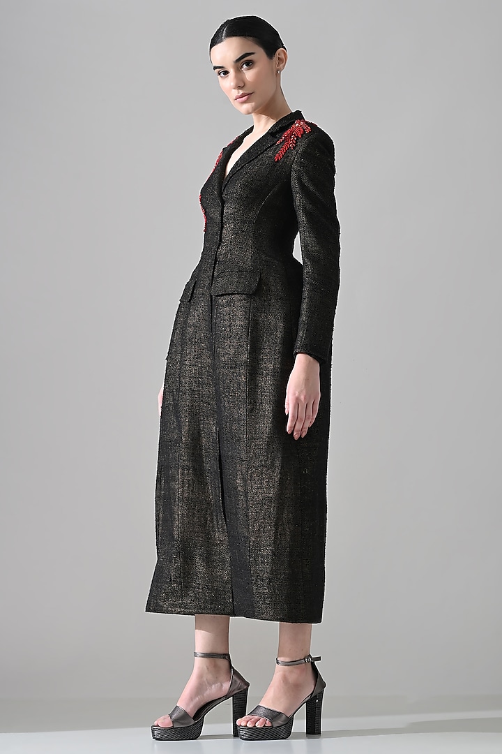 Midnight Black Tussar Silk Hand Embroidered Structured Coat Party Wear Dress by Samant Chauhan at Pernia's Pop Up Shop