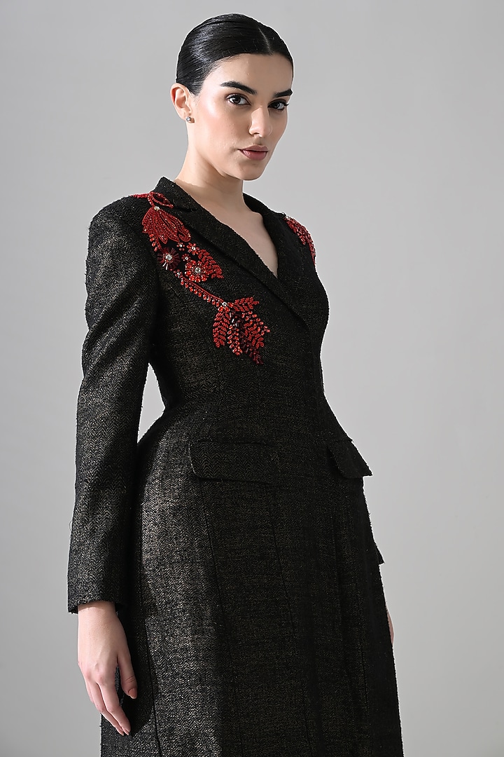 Midnight Black Tussar Silk Hand Embroidered Structured Coat Party Wear Dress by Samant Chauhan at Pernia's Pop Up Shop