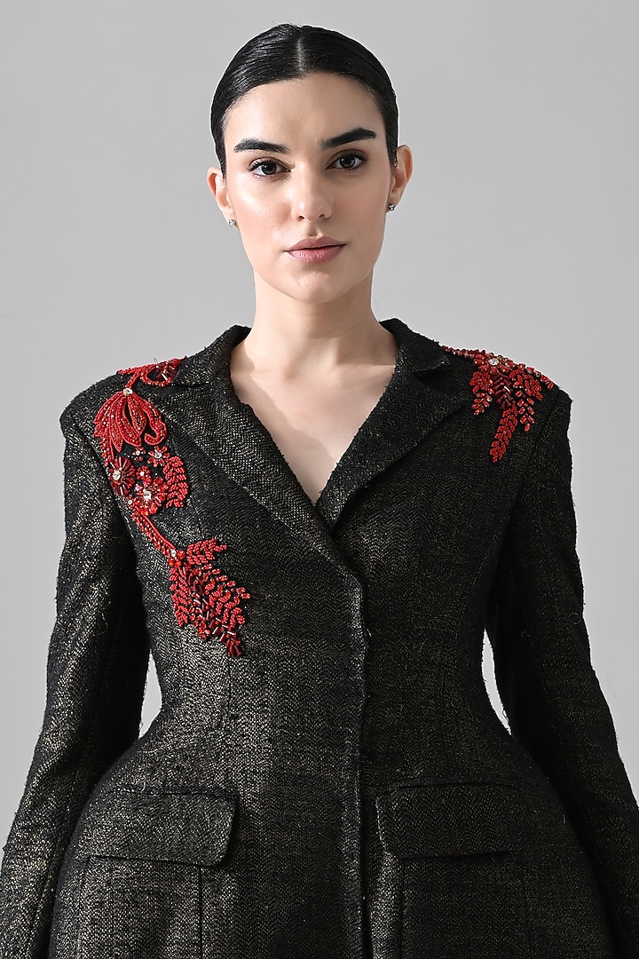 Midnight Black Tussar Silk Hand Embroidered Structured Coat Party Wear Dress by Samant Chauhan at Pernia's Pop Up Shop