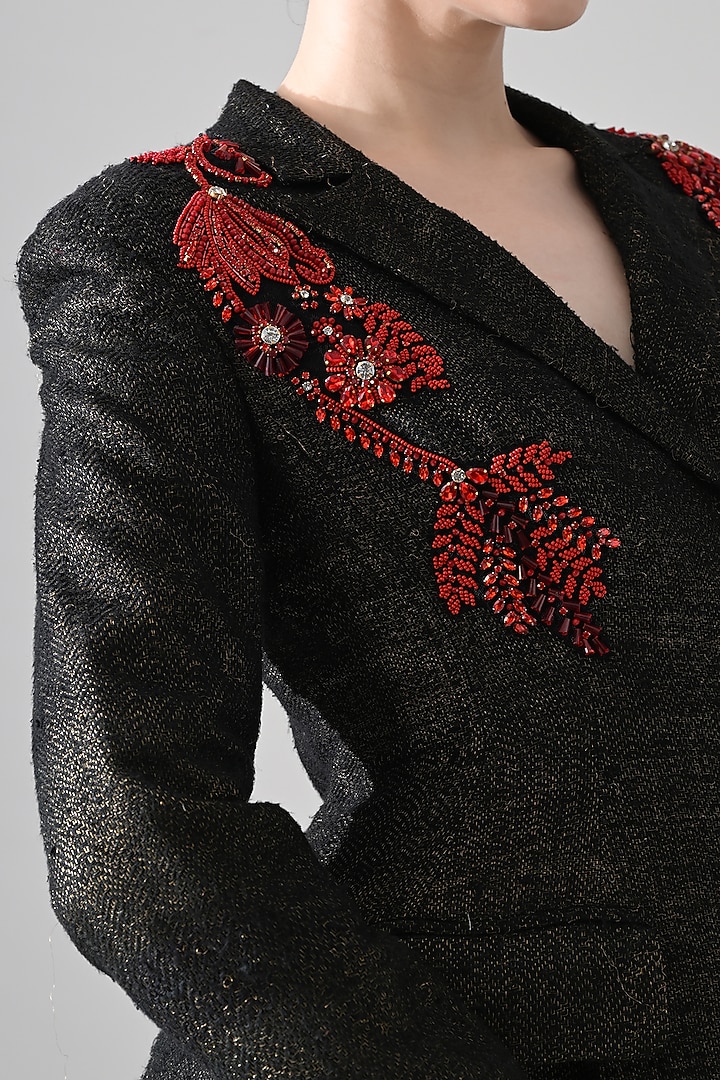 Midnight Black Tussar Silk Hand Embroidered Structured Coat Party Wear Dress by Samant Chauhan at Pernia's Pop Up Shop