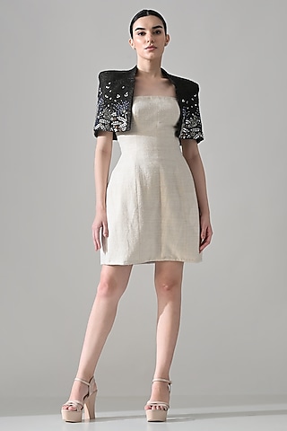 White Matka Silk Hand Embroidered Mini Dress With Jacket by Samant Chauhan