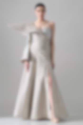 Grey Linen Hand Embroidered One-Shoulder Wedding Gown by Samant Chauhan at Pernia's Pop Up Shop