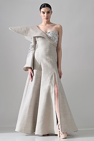 Grey Linen Hand Embroidered One-Shoulder Gown by Samant Chauhan