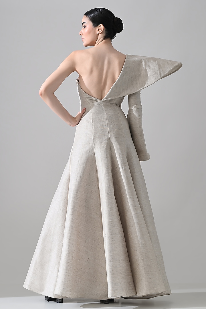 Grey Linen Hand Embroidered One-Shoulder Wedding Gown by Samant Chauhan at Pernia's Pop Up Shop