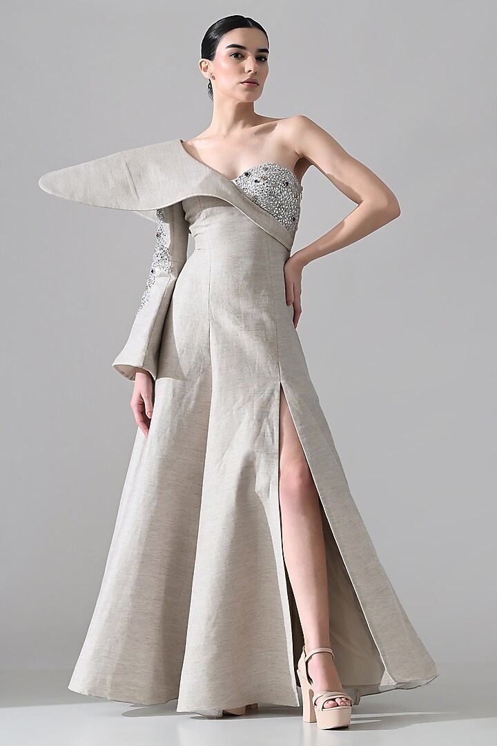 Grey Linen Hand Embroidered One-Shoulder Wedding Gown by Samant Chauhan at Pernia's Pop Up Shop