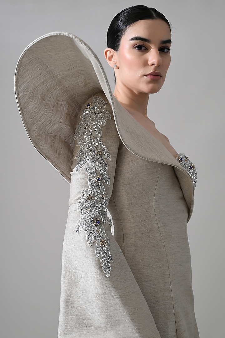 Grey Linen Hand Embroidered One-Shoulder Wedding Gown by Samant Chauhan at Pernia's Pop Up Shop