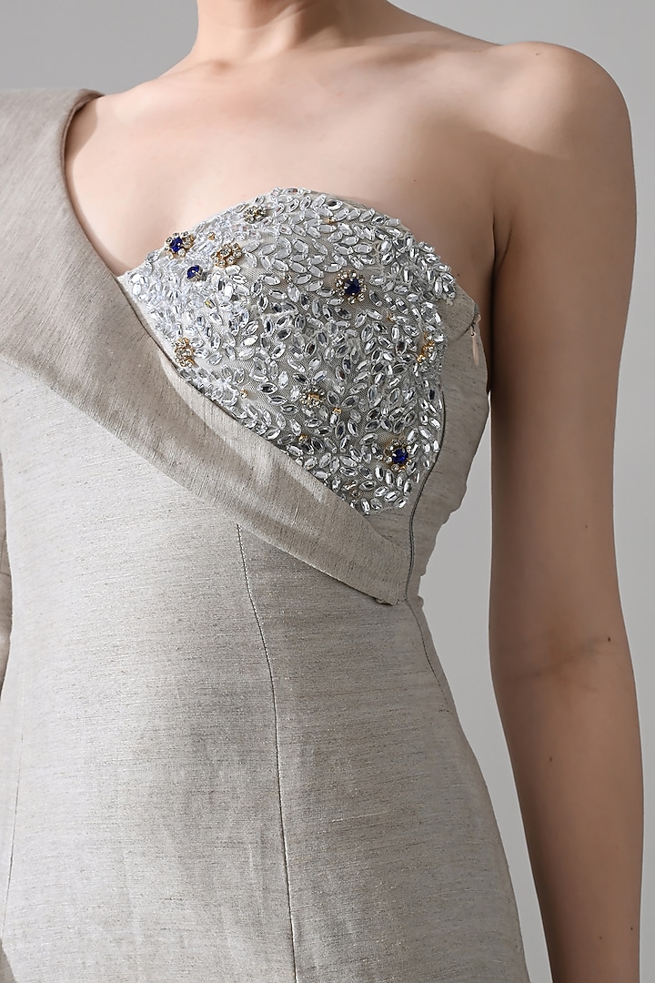 Grey Linen Hand Embroidered One-Shoulder Wedding Gown by Samant Chauhan at Pernia's Pop Up Shop