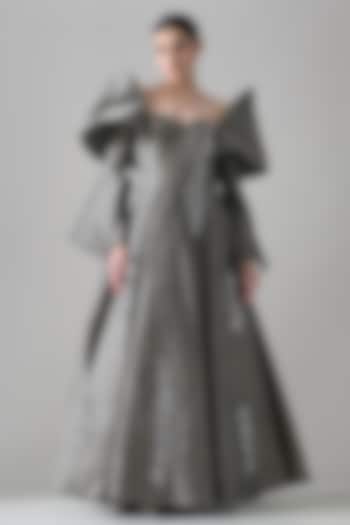 Grey Linen Hand Embroidered Off-Shoulder Bridal Gown by Samant Chauhan at Pernia's Pop Up Shop