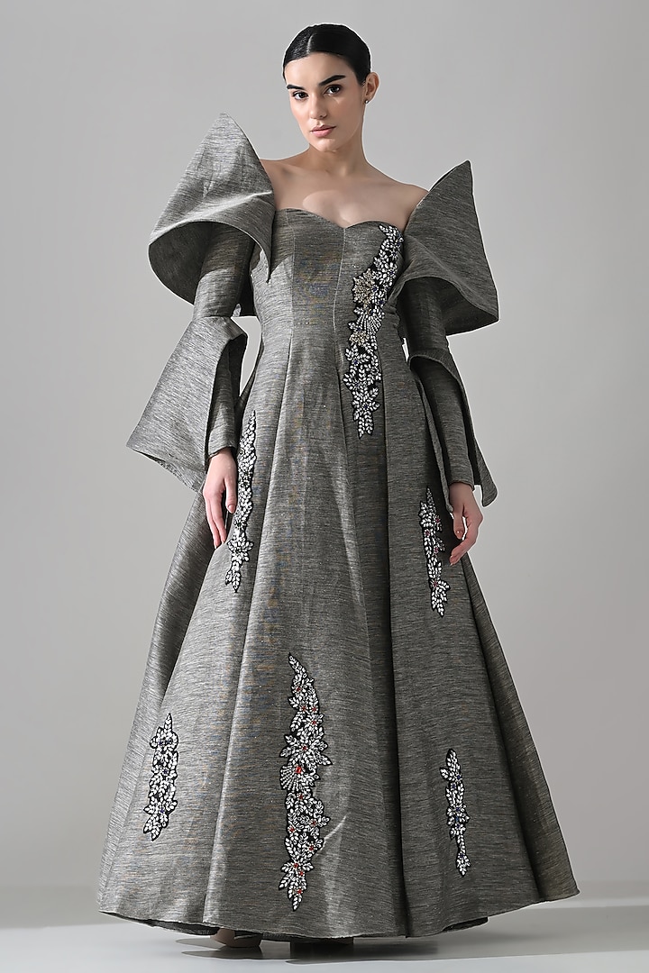 Grey Linen Hand Embroidered Off-Shoulder Bridal Gown by Samant Chauhan at Pernia's Pop Up Shop