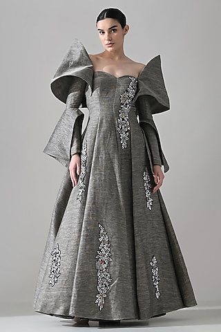 Grey Linen Hand Embroidered Off-Shoulder Gown by Samant Chauhan