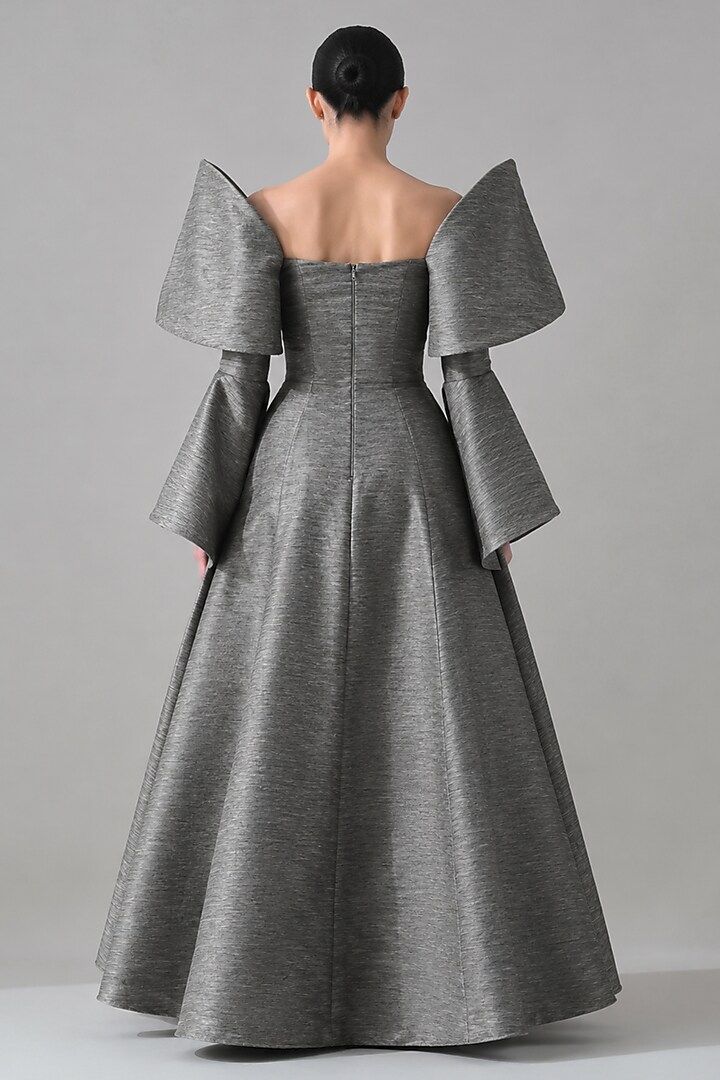Grey Linen Hand Embroidered Off-Shoulder Bridal Gown by Samant Chauhan at Pernia's Pop Up Shop