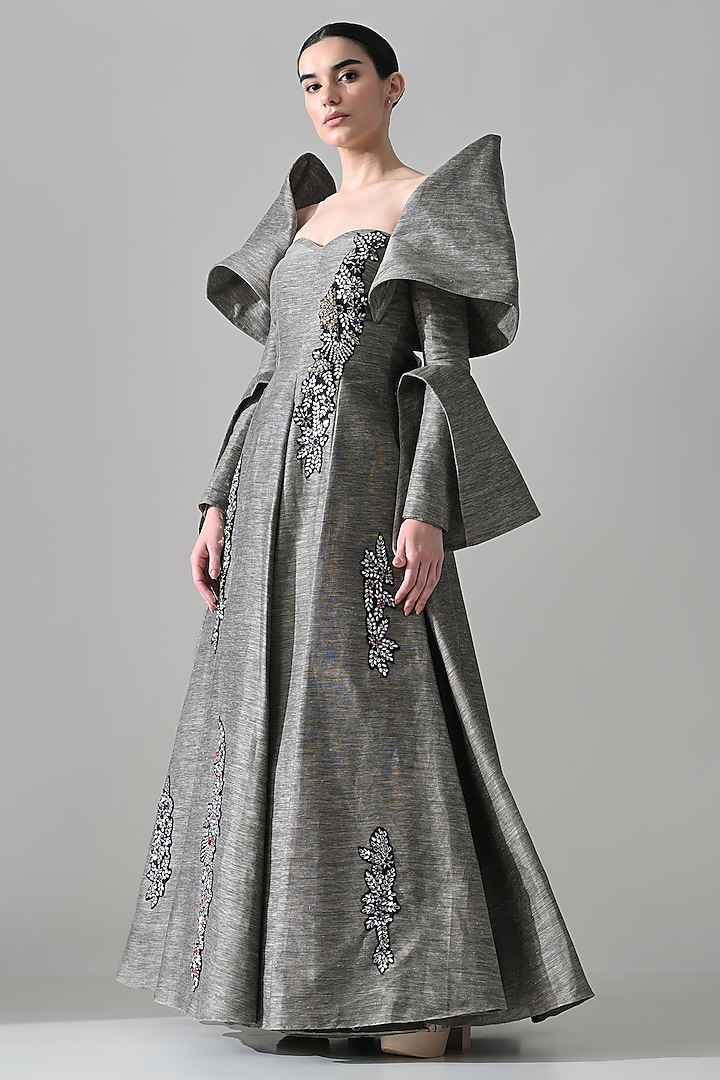 Grey Linen Hand Embroidered Off-Shoulder Bridal Gown by Samant Chauhan at Pernia's Pop Up Shop