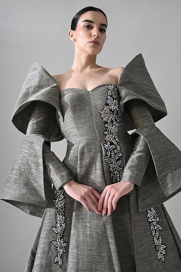Grey Linen Hand Embroidered Off-Shoulder Bridal Gown by Samant Chauhan at Pernia's Pop Up Shop