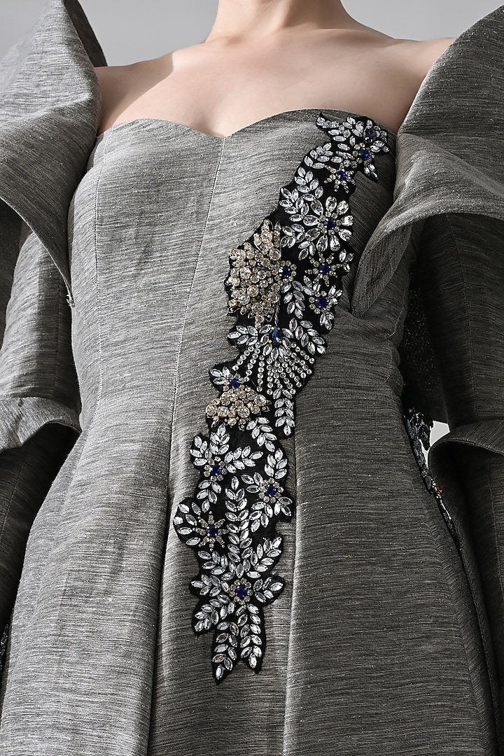 Grey Linen Hand Embroidered Off-Shoulder Bridal Gown by Samant Chauhan at Pernia's Pop Up Shop