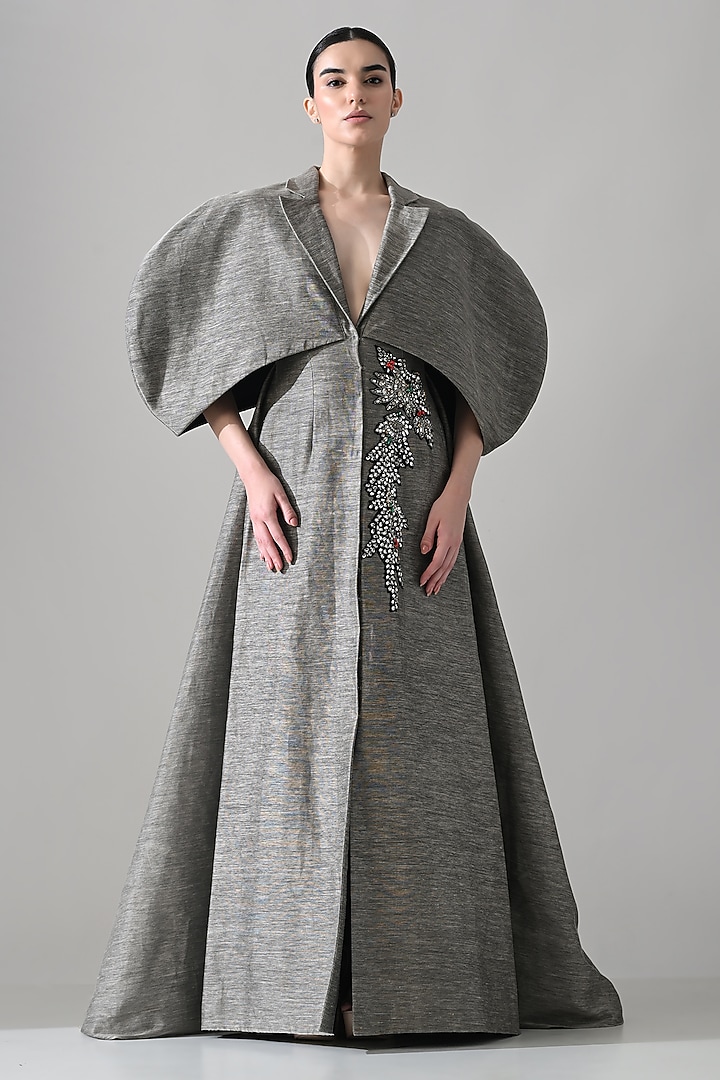 Grey Linen Hand Embroidered Wedding Gown by Samant Chauhan at Pernia's Pop Up Shop