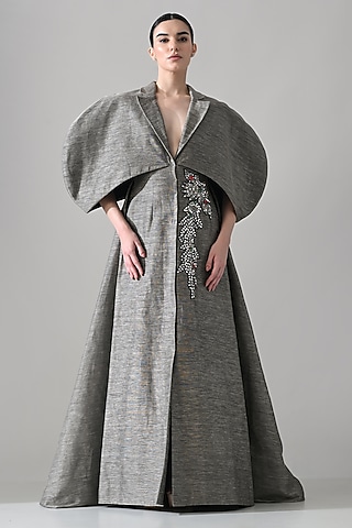 Grey Linen Hand Embroidered Gown by Samant Chauhan