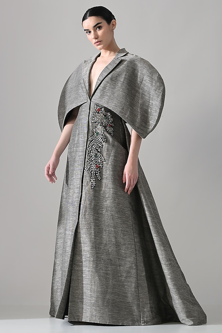 Grey Linen Hand Embroidered Wedding Gown by Samant Chauhan at Pernia's Pop Up Shop