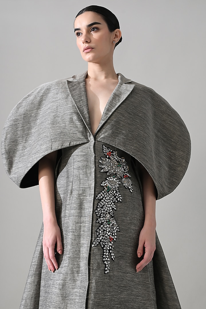 Grey Linen Hand Embroidered Wedding Gown by Samant Chauhan at Pernia's Pop Up Shop
