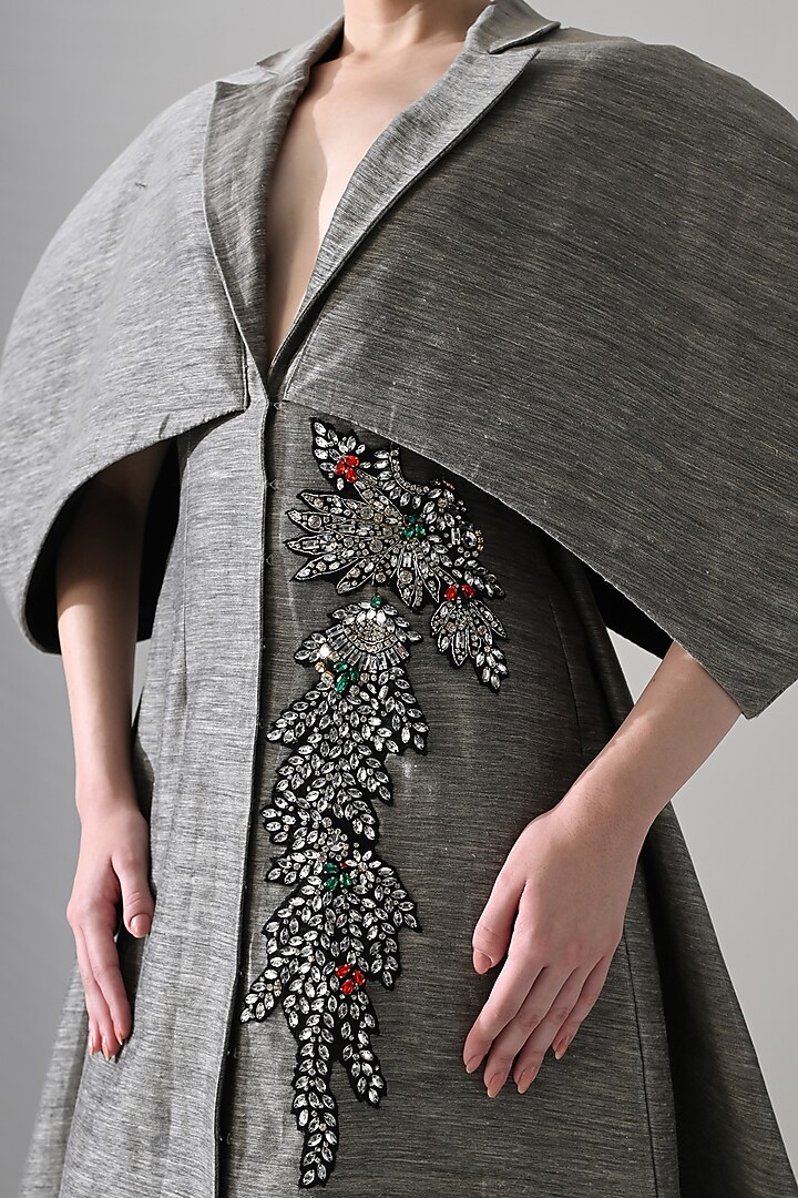 Grey Linen Hand Embroidered Wedding Gown by Samant Chauhan at Pernia's Pop Up Shop