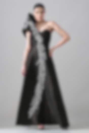 Black Linen Crystal Beads Hand Embroidered One-Shoulder Wedding Gown by Samant Chauhan at Pernia's Pop Up Shop