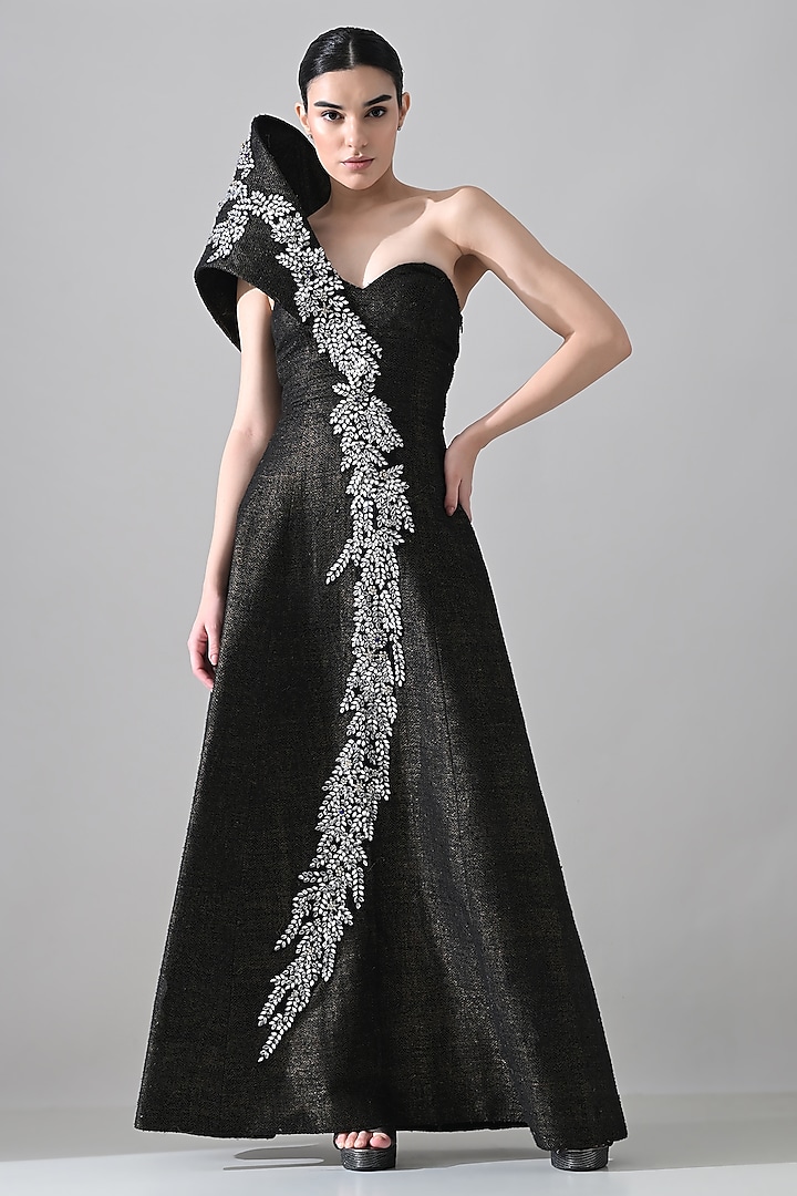 Black Linen Crystal Beads Hand Embroidered One-Shoulder Wedding Gown by Samant Chauhan at Pernia's Pop Up Shop