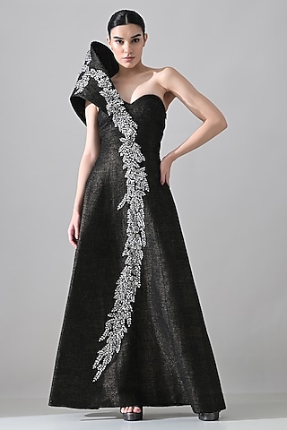 Black Linen Crystal Beads Hand Embroidered One-Shoulder Gown by Samant Chauhan