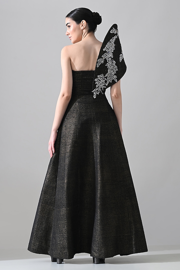 Black Linen Crystal Beads Hand Embroidered One-Shoulder Wedding Gown by Samant Chauhan at Pernia's Pop Up Shop