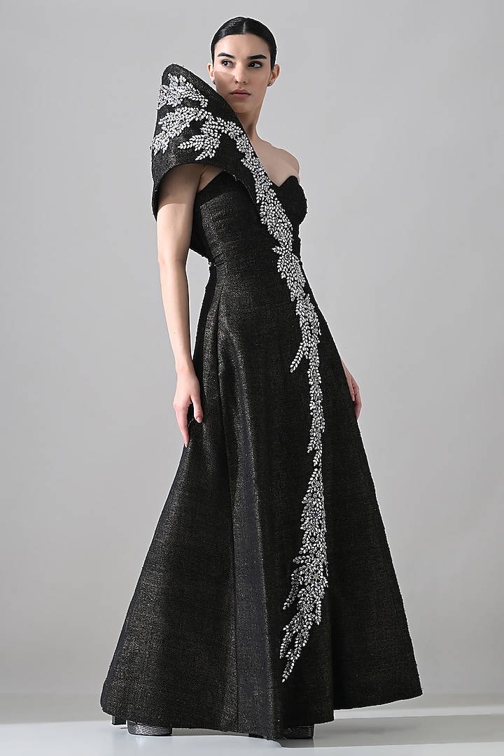 Black Linen Crystal Beads Hand Embroidered One-Shoulder Wedding Gown by Samant Chauhan at Pernia's Pop Up Shop