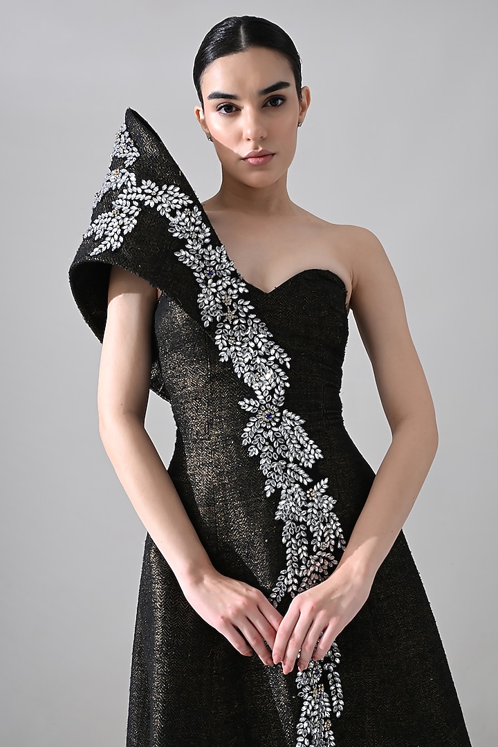 Black Linen Crystal Beads Hand Embroidered One-Shoulder Wedding Gown by Samant Chauhan at Pernia's Pop Up Shop
