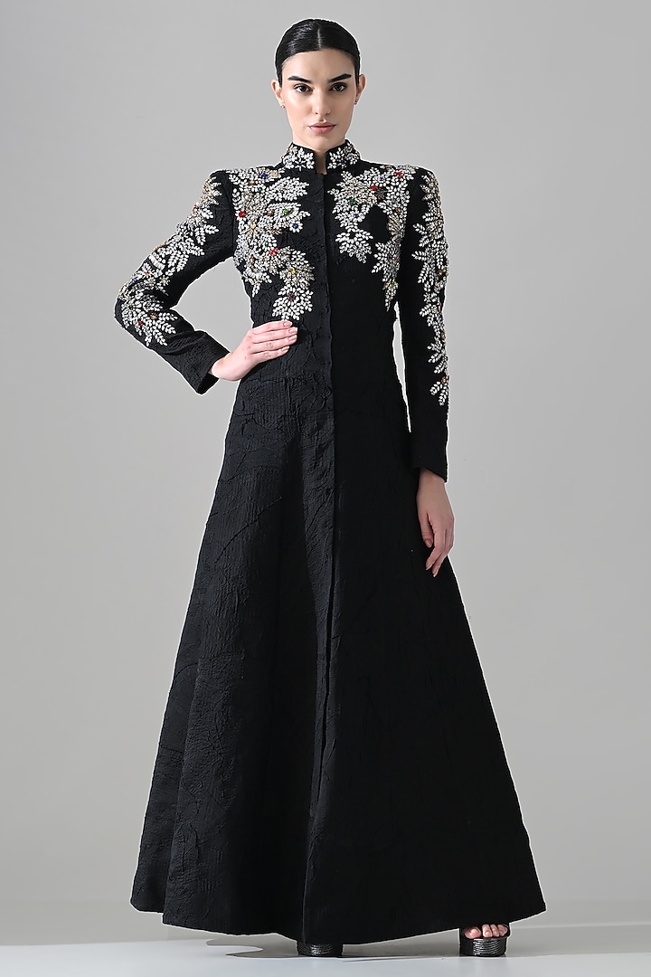 Black Cotton Silk Hand Embroidered Coat Bridal Gown by Samant Chauhan at Pernia's Pop Up Shop