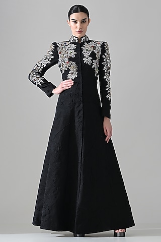 Black Cotton Silk Hand Embroidered Coat Gown by Samant Chauhan
