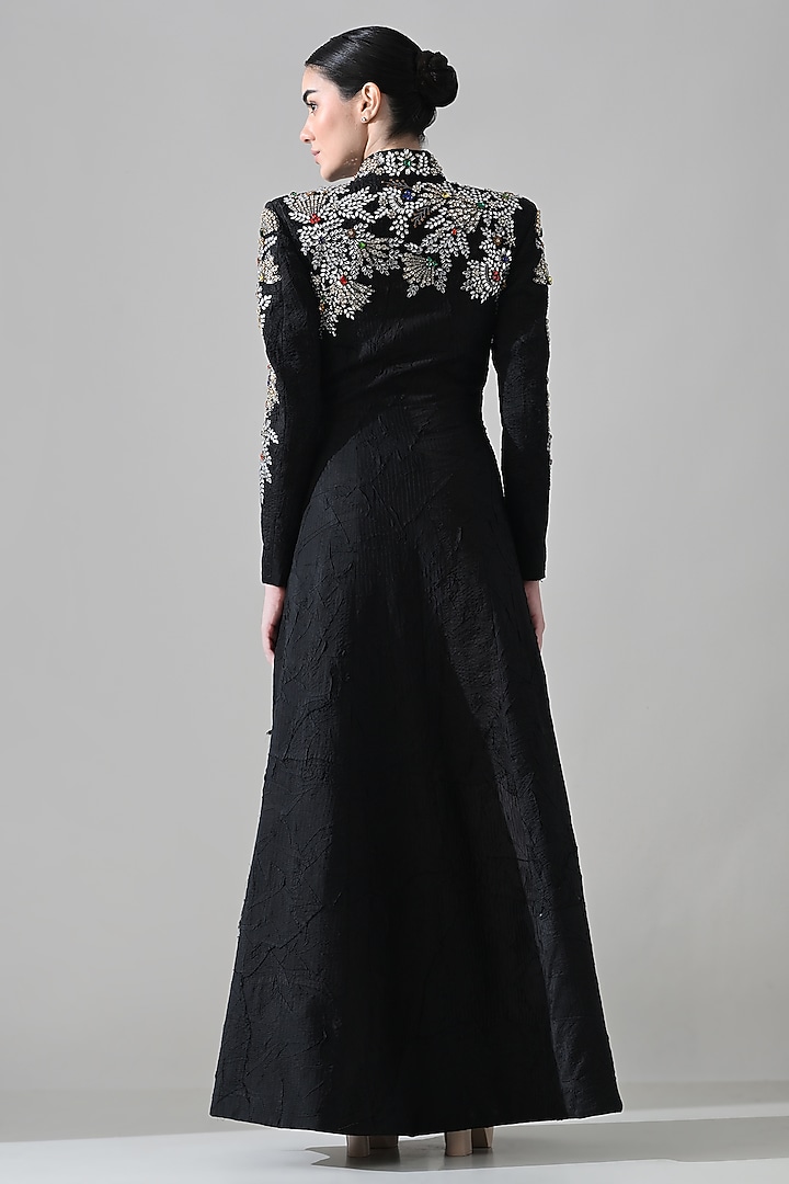 Black Cotton Silk Hand Embroidered Coat Bridal Gown by Samant Chauhan at Pernia's Pop Up Shop