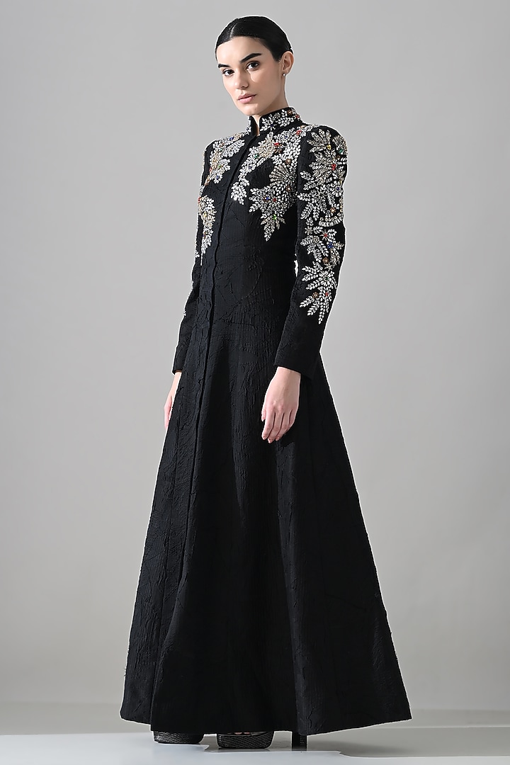 Black Cotton Silk Hand Embroidered Coat Bridal Gown by Samant Chauhan at Pernia's Pop Up Shop